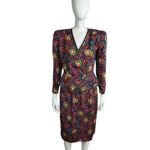 Vintage 80s Petites for Maggy London Floral Peplum Jacket and Skirt Set